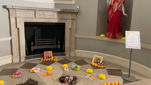 Diwali display with a fireplace in the background at Marigold Festival 2025 at Osterley, London